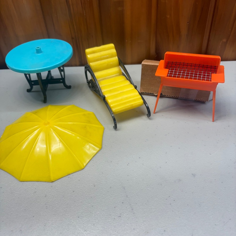 Vintage Plasco Dollhouse Chaise, Patio Table Umbrella Merry Grill 50s Retro
